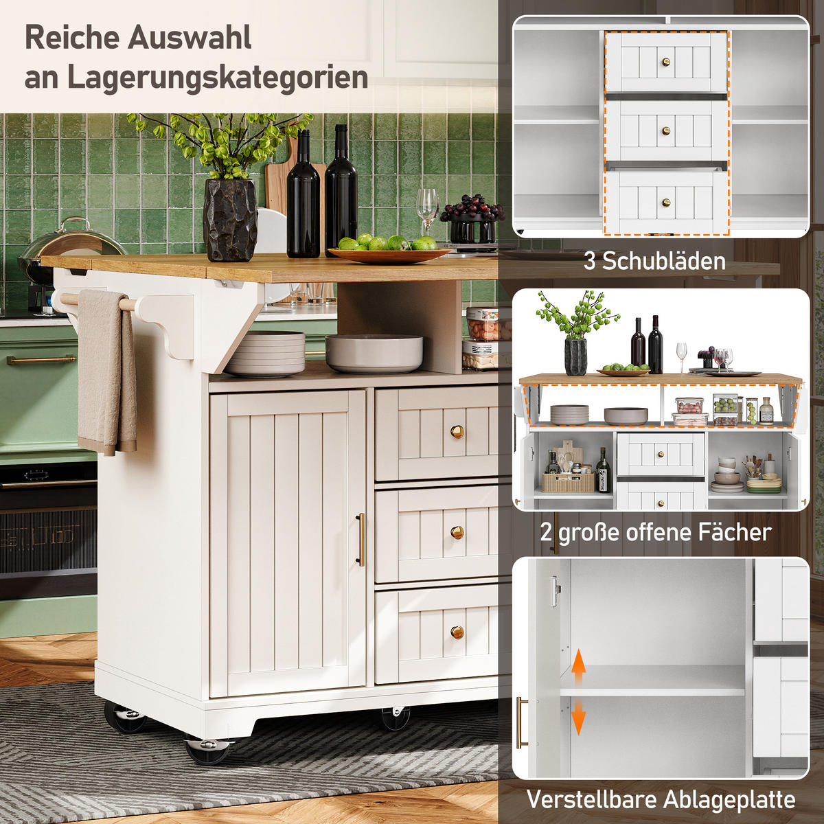 KÜCHENINSEL 120x80x95cm weiß/Holzoptik mit Klapptisch & 5 Rollen - Weiß, Holzwerkstoff (120/95/80cm) - Modfu