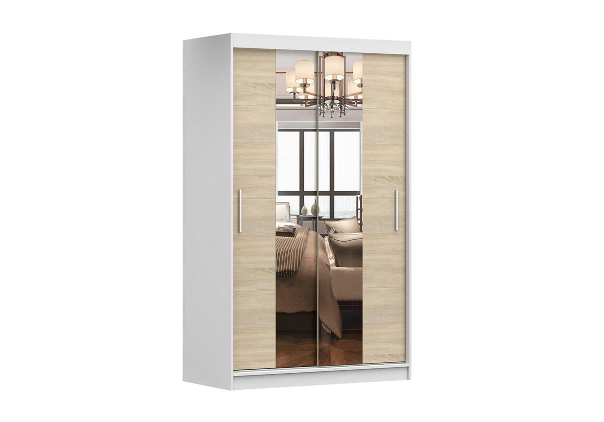 SCHIEBETÜRENSCHRANK - NOAH 01 Weiß + Sonoma - Weiß/Sonoma Eiche, Holzwerkstoff/Metall (120/200/61cm) - Möblo