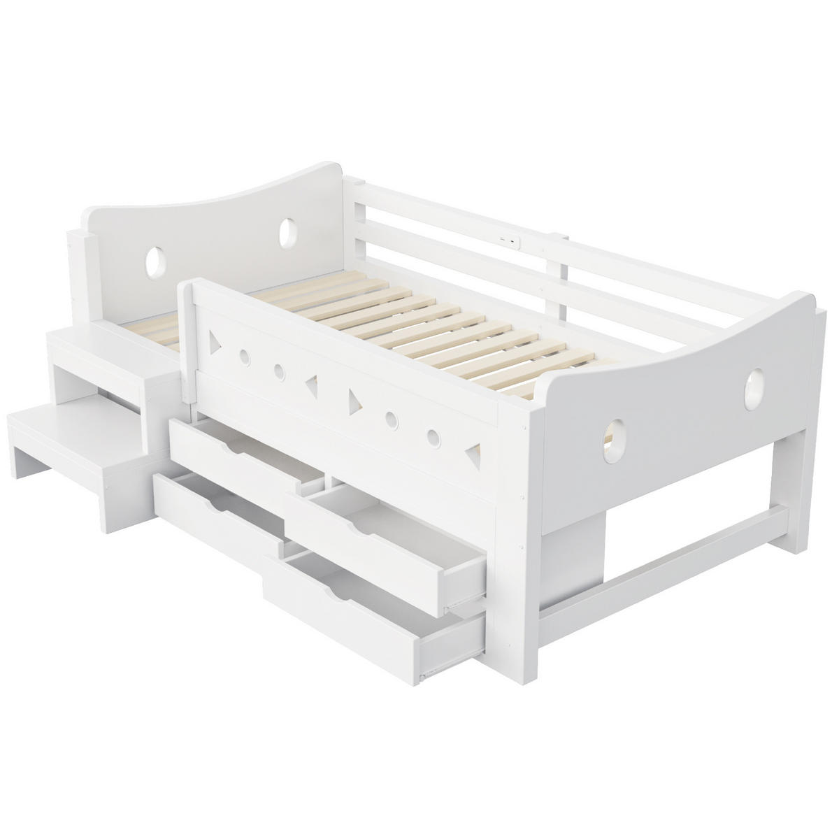 KINDERBETT Holz 90x200 cm Weiß mit Stauraum, Sicherheitsgittern, LED, USB- und Typ-C-Anschluss - Weiß, Holz (90/200cm) - Modfu