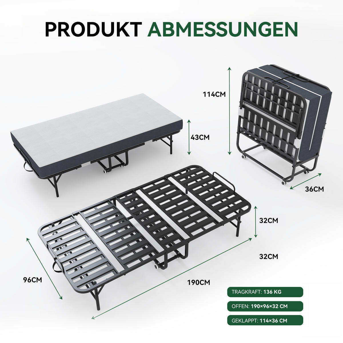 GÄSTEBETT klappbar 90x190 cm Metall Schwarz mit Memory-Foam-Matratze - Schwarz, Metall (90/190cm) - Meubliv
