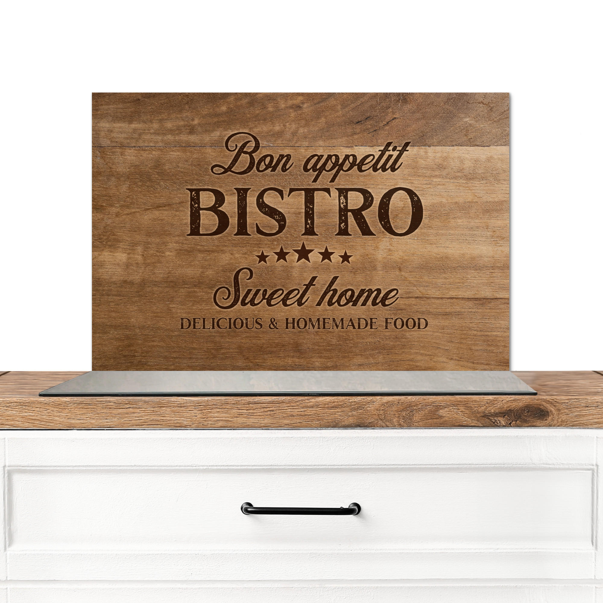 SPRITZSCHUTZ KÜCHE Zitat - Bistro - Guten Appetit - Süßes Zuhause - Holzmaserung 60x40 cm - Braun, Metall (60/0.3/40cm) - MuchoWow