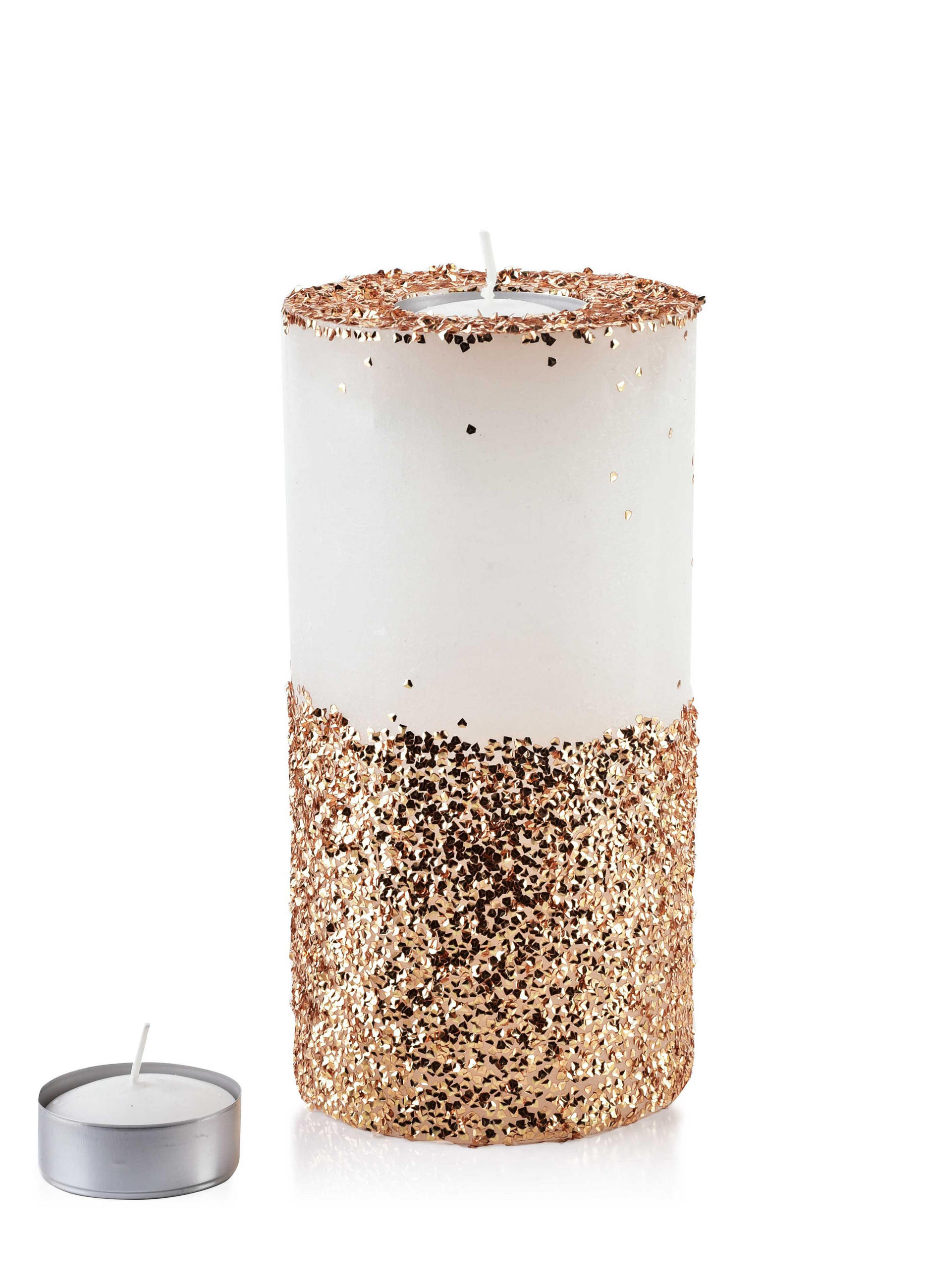 TEELICHTHALTER mit Teelight Basic Gold Weiß 12/12/24 cm Naturmaterial - Goldfarben/Weiß, Naturmaterialien (24cm) - Mondex