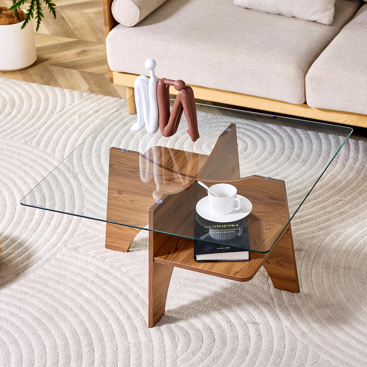 COUCHTISCH 80/80/40 cm Transparent Nussbaum MDF mit Sicherheitsglas und Ablagefach - Walnussfarben, Holzwerkstoff (80/80/40cm) - OKWISH