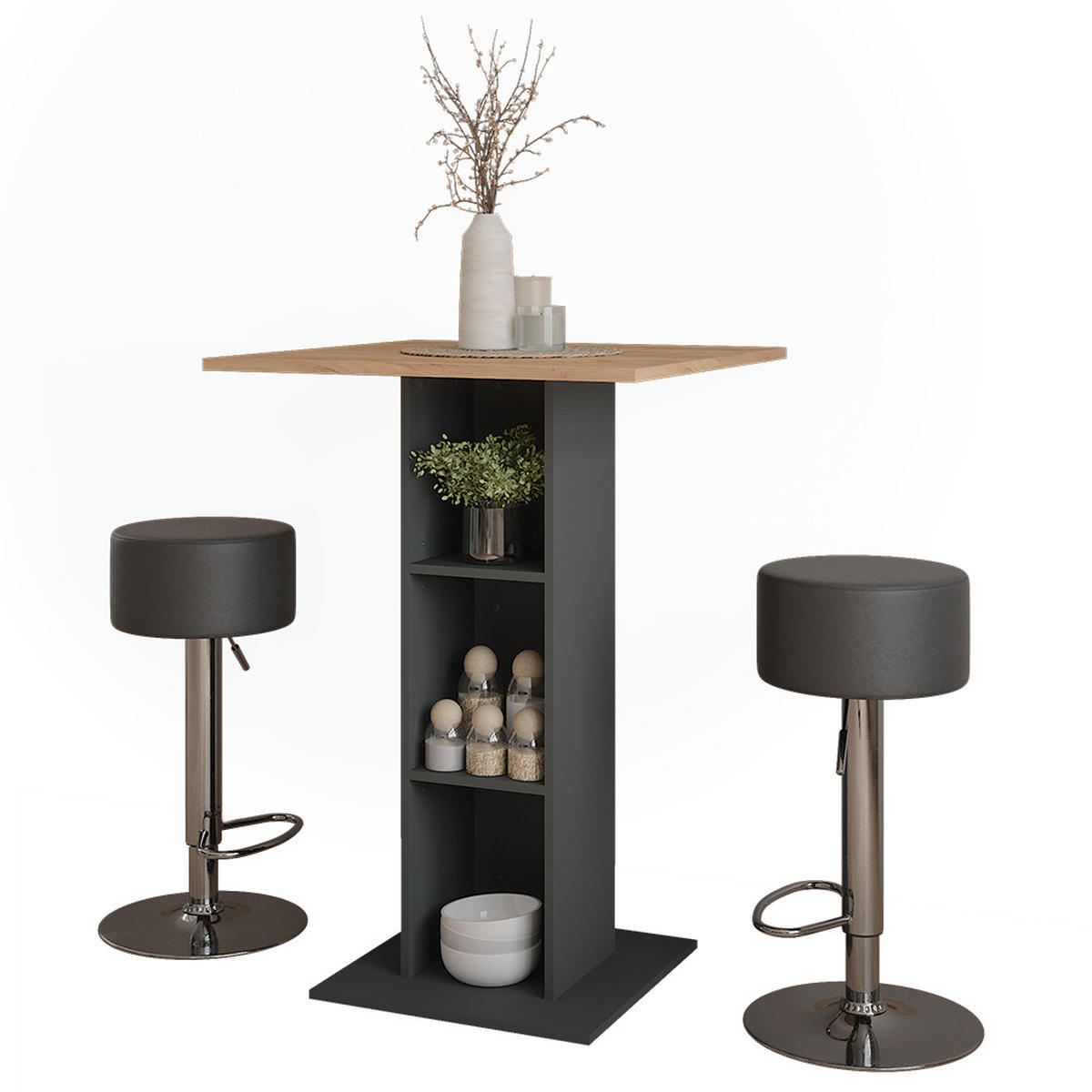 STOJACÍ BAROVÝ STŮL SE ŽIDLEMI Repose Antracit - medově dubová/antracitová, kompozitní dřevo (75/75/106cm) - Vicco