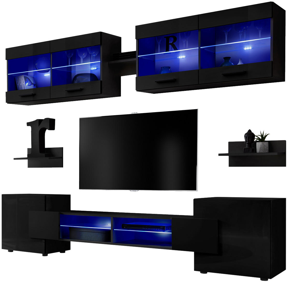 WOHNZIMMERSET Foggia, 6er-Set, Schwarz, Front Hochglanz Schwarz, LED Blau - Schwarz, Glas/Holzwerkstoff (230/190/45cm) - Komodee