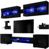 WOHNZIMMERSET Foggia, 6er-Set, Schwarz, Front Hochglanz Schwarz, LED Blau - Schwarz, Glas/Holzwerkstoff (230/190/45cm) - Komodee