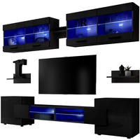 WOHNZIMMERSET Foggia, 6er-Set, Schwarz, Front Hochglanz Schwarz, LED Blau - Schwarz, Glas/Holzwerkstoff (230/190/45cm) - Komodee