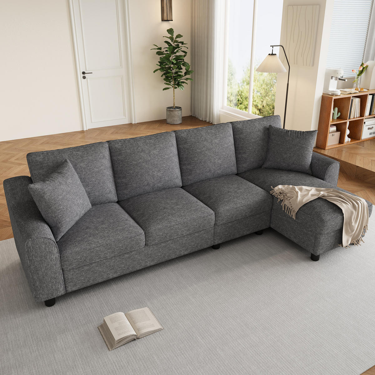 ECKSOFA 280/136/82 cm grau aus Chenille mit Stauraum und Getränkehaltern - Grau, Textil (136/280cm) - OKWISH