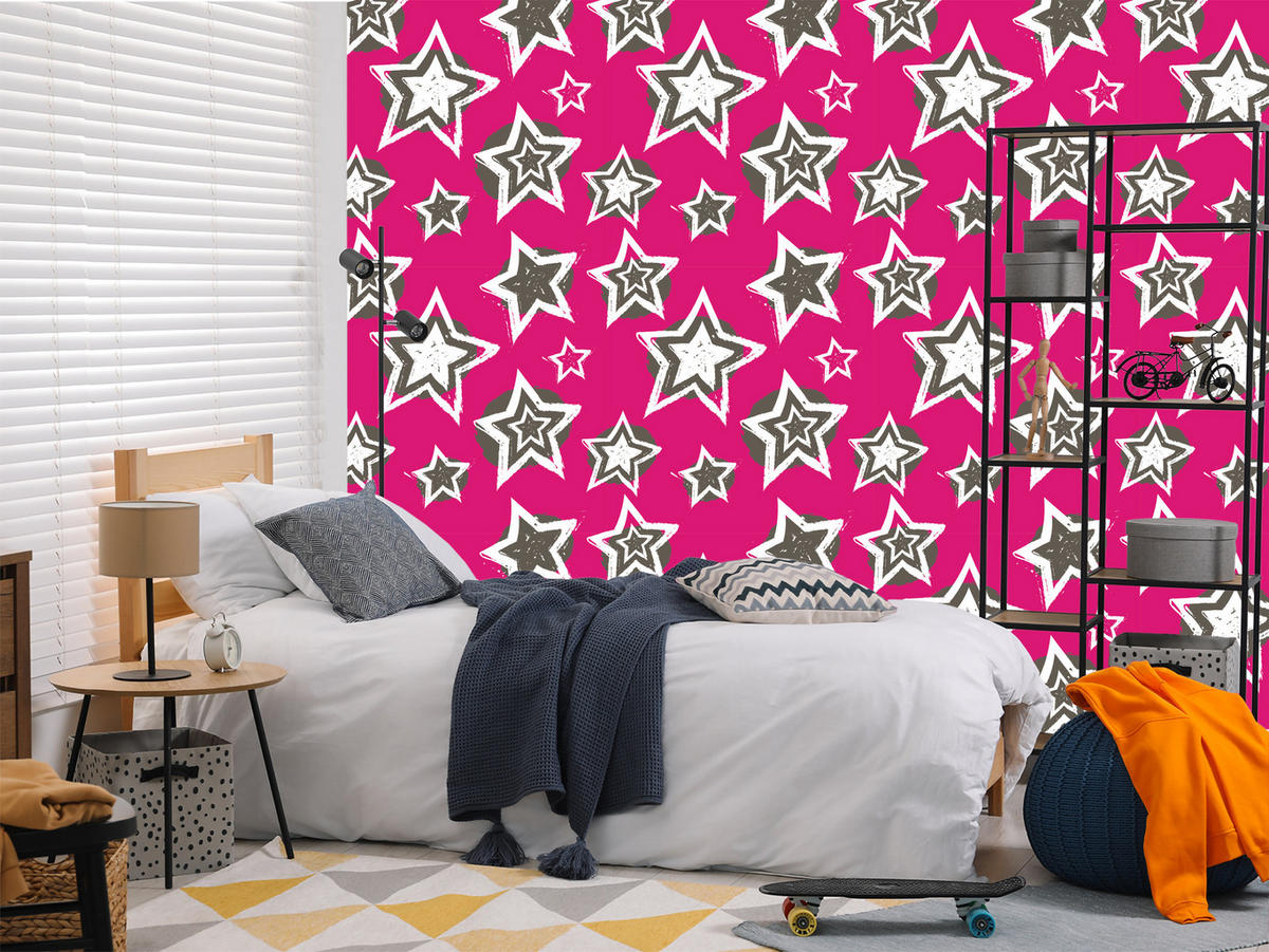 VLIESTAPETE Rock-Sterne im Comic-Stil – Pink, Schwarz, Weiß – 50x1000 cm - Pink/Schwarz, Papier (50/1000cm) - Muralo