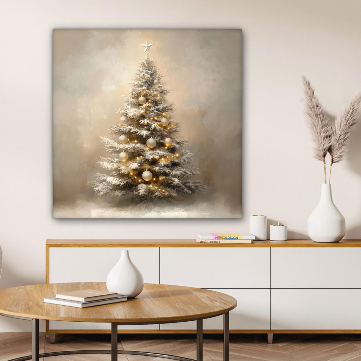 LEINWANDBILD Weihnachten - Weihnachtsbaum - Schnee - Kunst Deko Groß 90x90 cm - Champagner, Textil (90/90cm) - MuchoWow