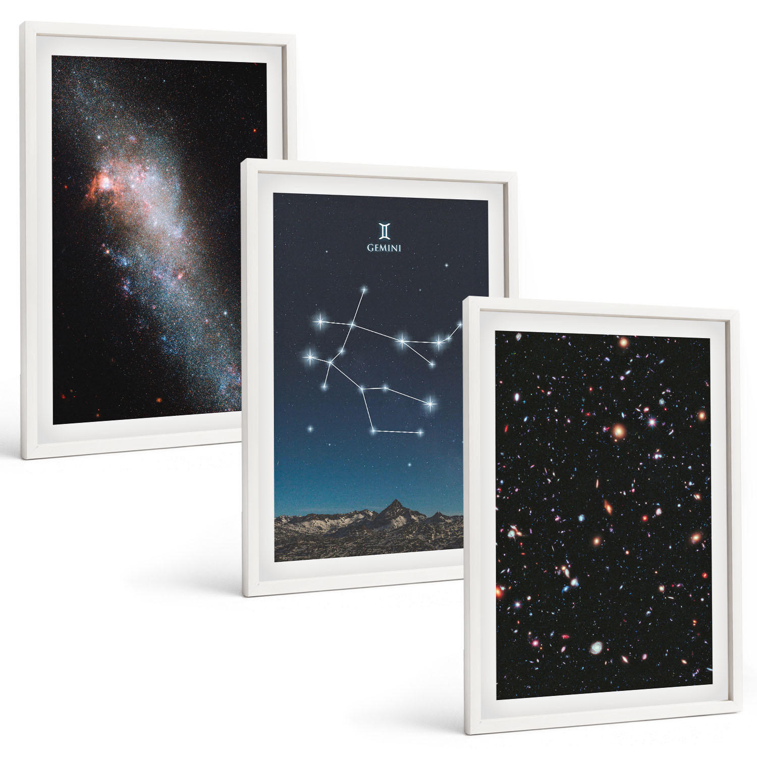 BILDER SET 3er Set - 40x60 cm Weißer Rahmen - Sternzeichen Zwillinge Galaxie - Weiß, Kunststoff (40/60cm) - TULUP