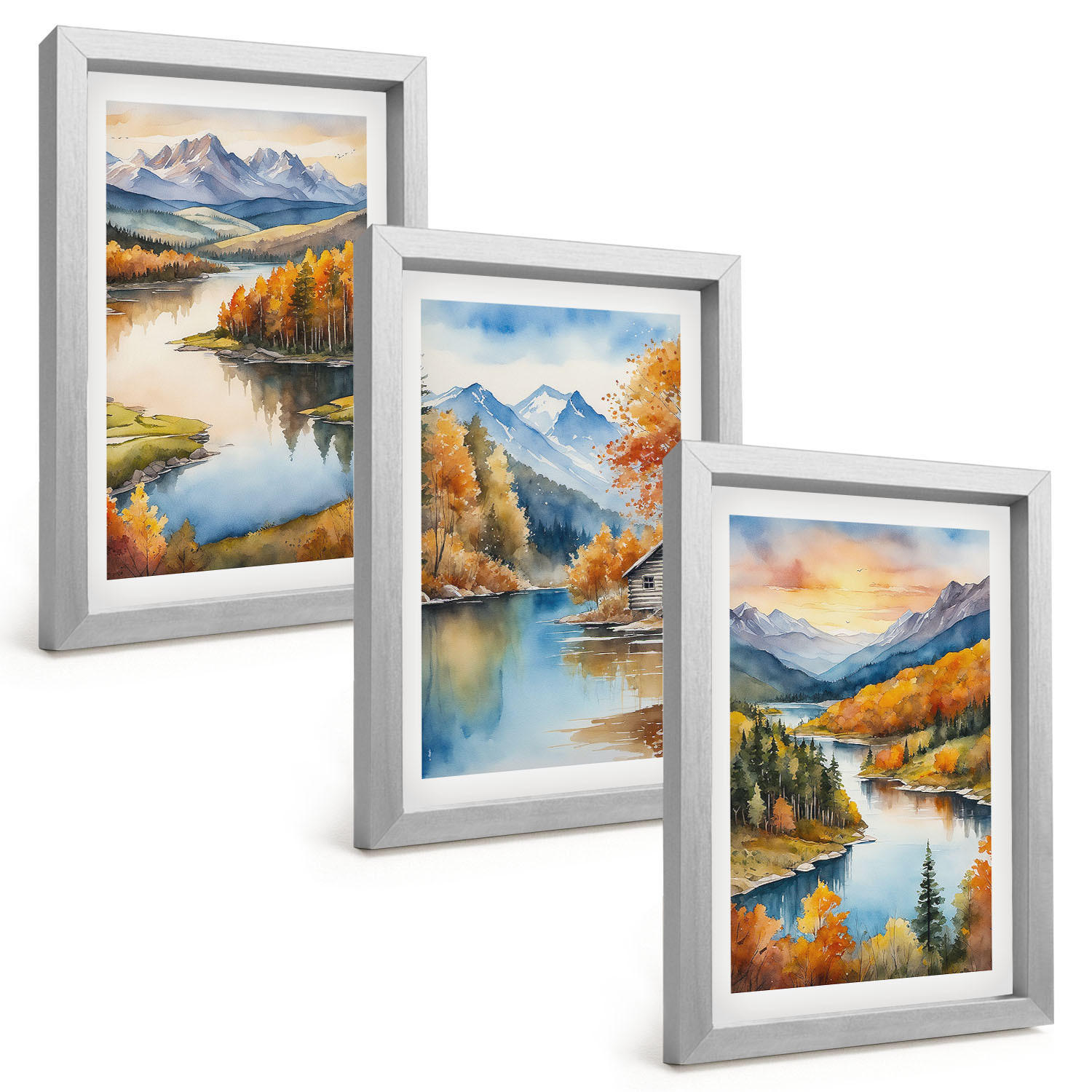BILDER SET 3er Set - 20x30 cm Silberner Rahmen - Herbstliche Berglandschaften - Silberfarben, Kunststoff (20/30cm) - TULUP