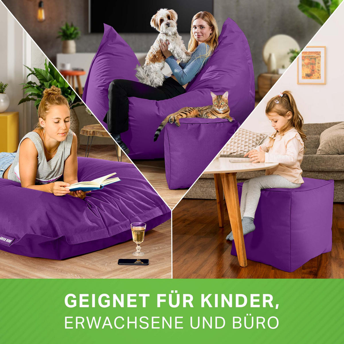 XXL-SITZSACK + Pouf 2er Set - 140x180cm - Lila, Textil (140/25/180cm) - Green Bean