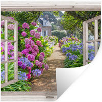 WANDTATTOO Hortensie - Fensterblick - Blumen - Sommer - Lila - Weg 50x50 cm - Lila, Kunststoff (50/50/0.1cm) - MuchoWow