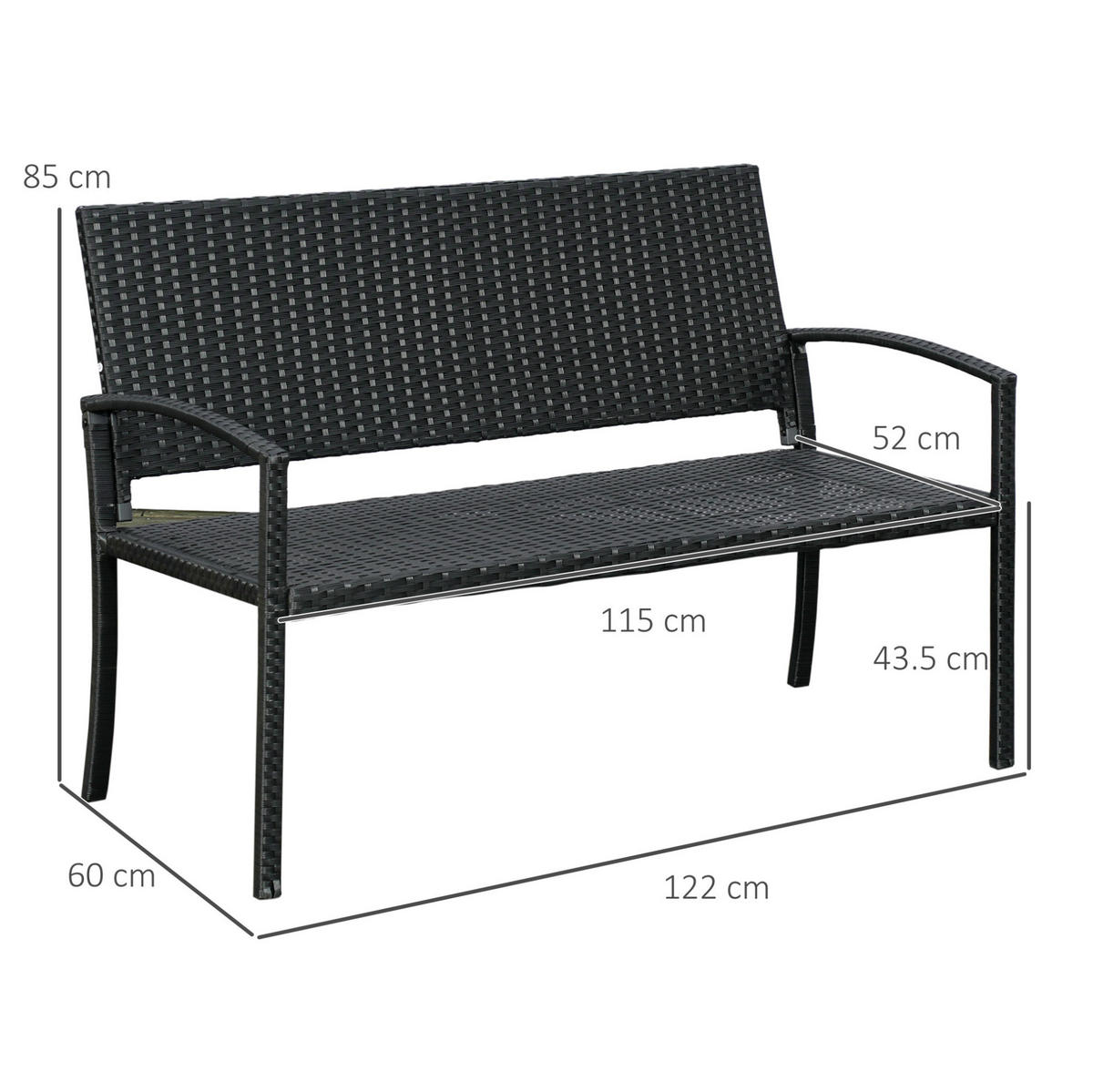 ZAHRADNÍ lavice 122/60/87 cm černá z oceli a polyratanu pro 2 osoby - černá, kov (60/85/122cm) - OKWISH