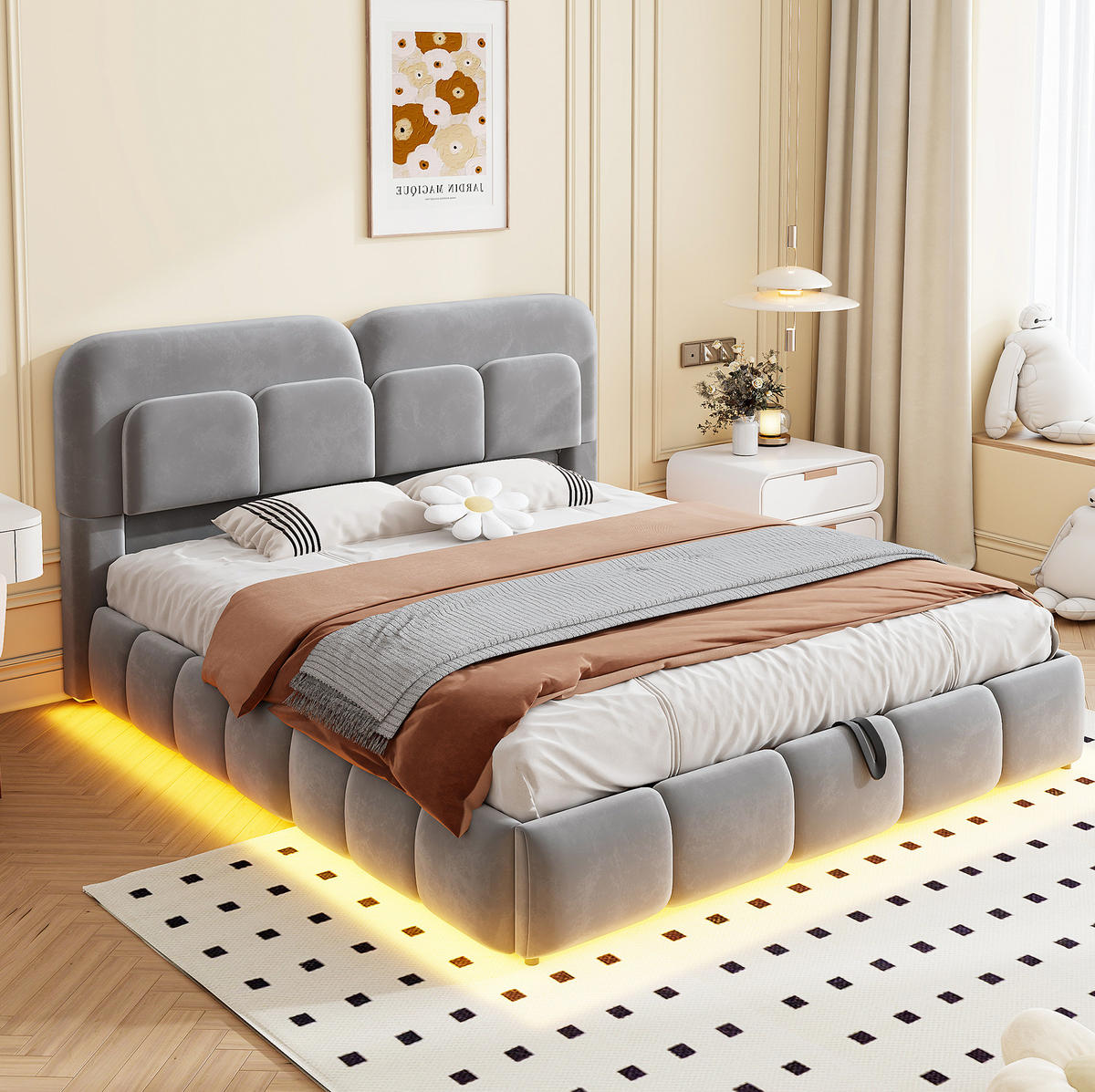 POLSTERBETT 140/200 cm aus Samt mit LED und Stauraum, Grau - Grau, Textil (140/200cm) - OKMYHOME