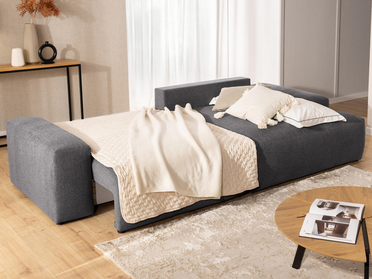 ECKSOFA inkl. Hocker Lennon aus Graphit Strukturstoff mit Schlaffunktion und Bettkasten - Graphitfarben/Schwarz, Holz/Kunststoff (264/137cm) - S-Style