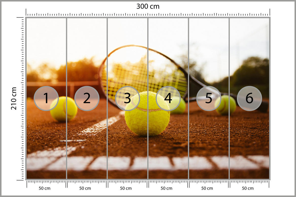 FOTOTAPETE für Jugendzimmer Tennisschläger Court Sport Ball 300x210 - Gelb/Orange, Papier (300/210cm) - Muralo