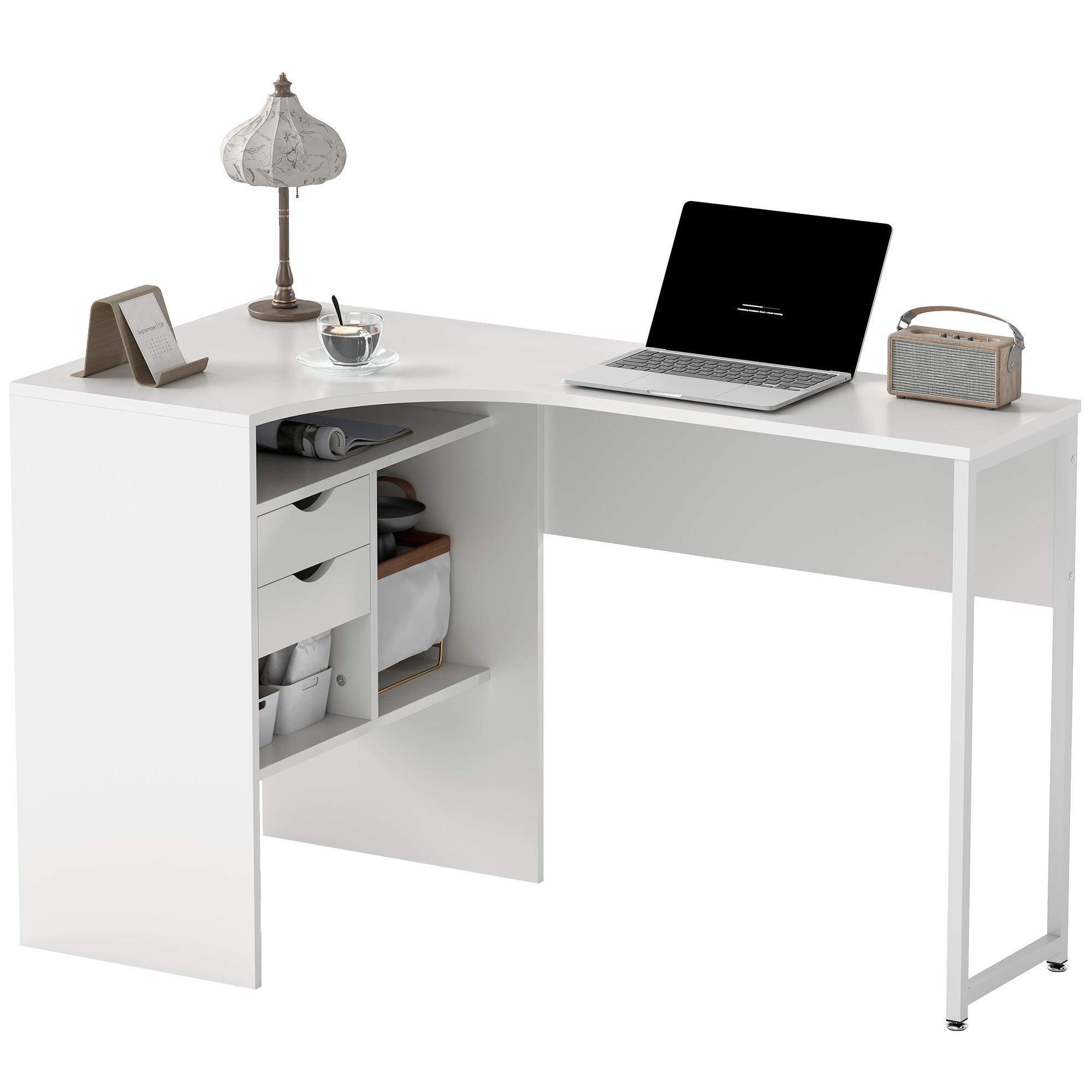 ECKSCHREIBTISCH Weiß mit 2 Schubladen und 3 offenen Fächern 120/60/74 cm - Weiß, Holzwerkstoff (60/120/74cm) - PANGIVO