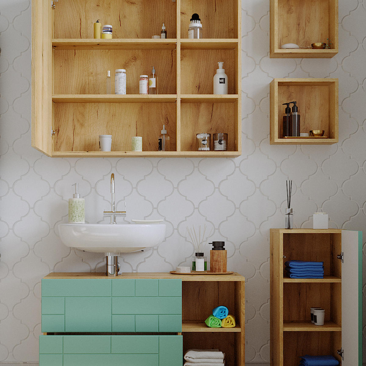 BADMÖBEL-SET Rudi Mintgrün 5 Teile - Eichefarben/Mintgrün, Holzwerkstoff (90/59/32cm) - Vicco