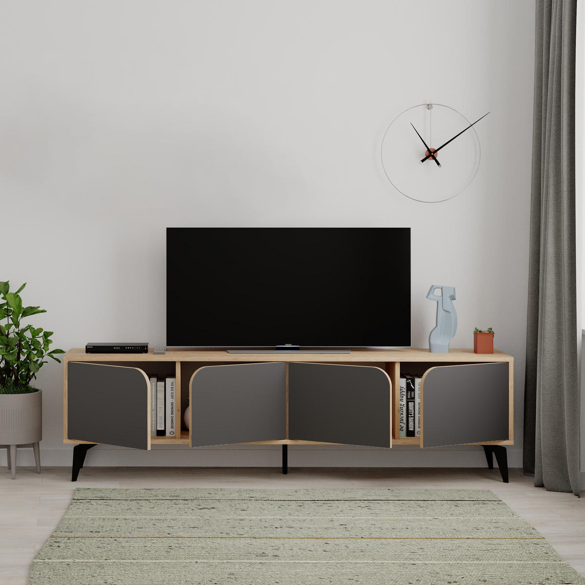 TV-MÖBEL 4 Türen mit Metallfüßen B180 cm - FLORA - Eschefarben, Holzwerkstoff (35.5/51/15.5cm) - Calicosy