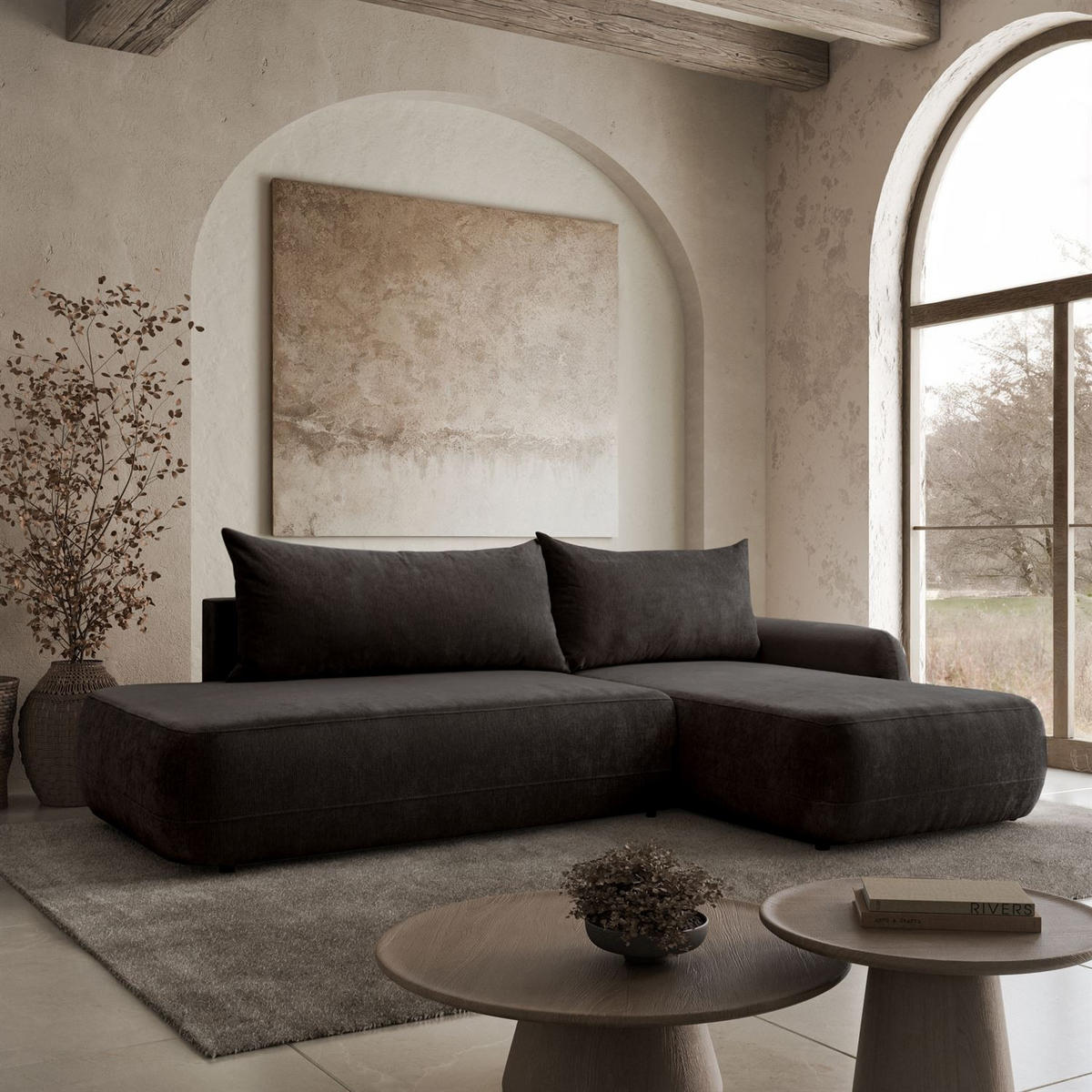 ECKSOFA GOYA mit Schlaffunktion und Bettkasten, Rechte, Perfect Harmony 99 - Anthrazit, Textil (302/184cm) - Lookway
