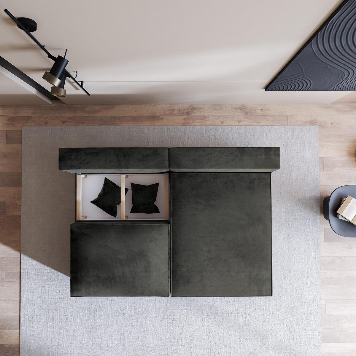 ECKSOFA FIORO M Schwarz Velours-Stoff mit Schlaffunktion - Schwarz, Holz (204/148cm) - MASSENO