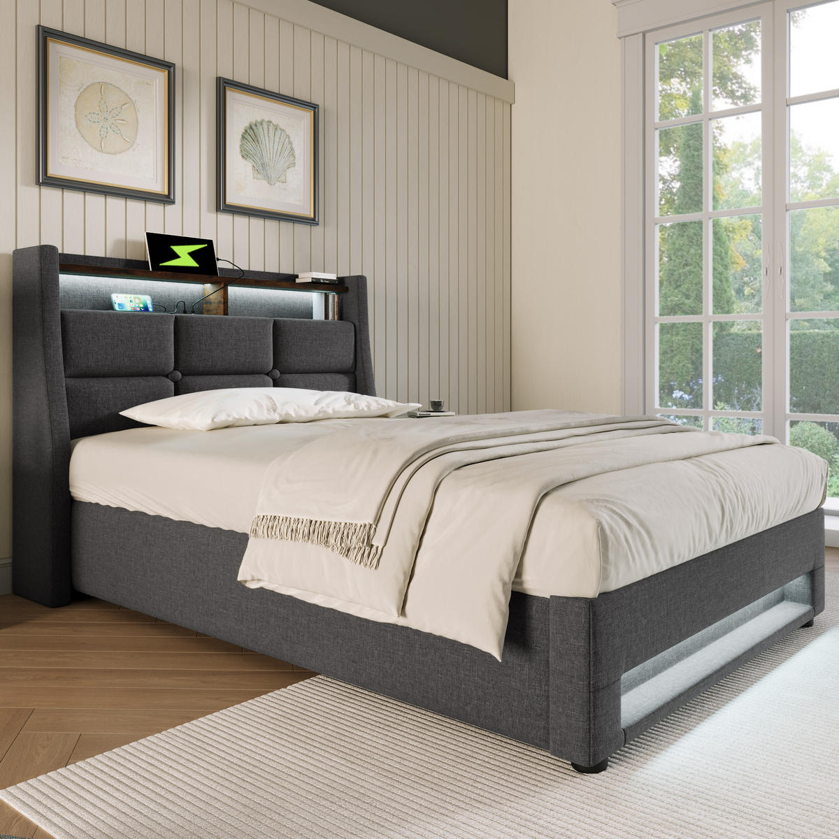 POLSTERBETT aus Leinen 90x200 cm in Grau mit LED-Beleuchtung & USB - Grau, Textil (90/200cm) - Modfu