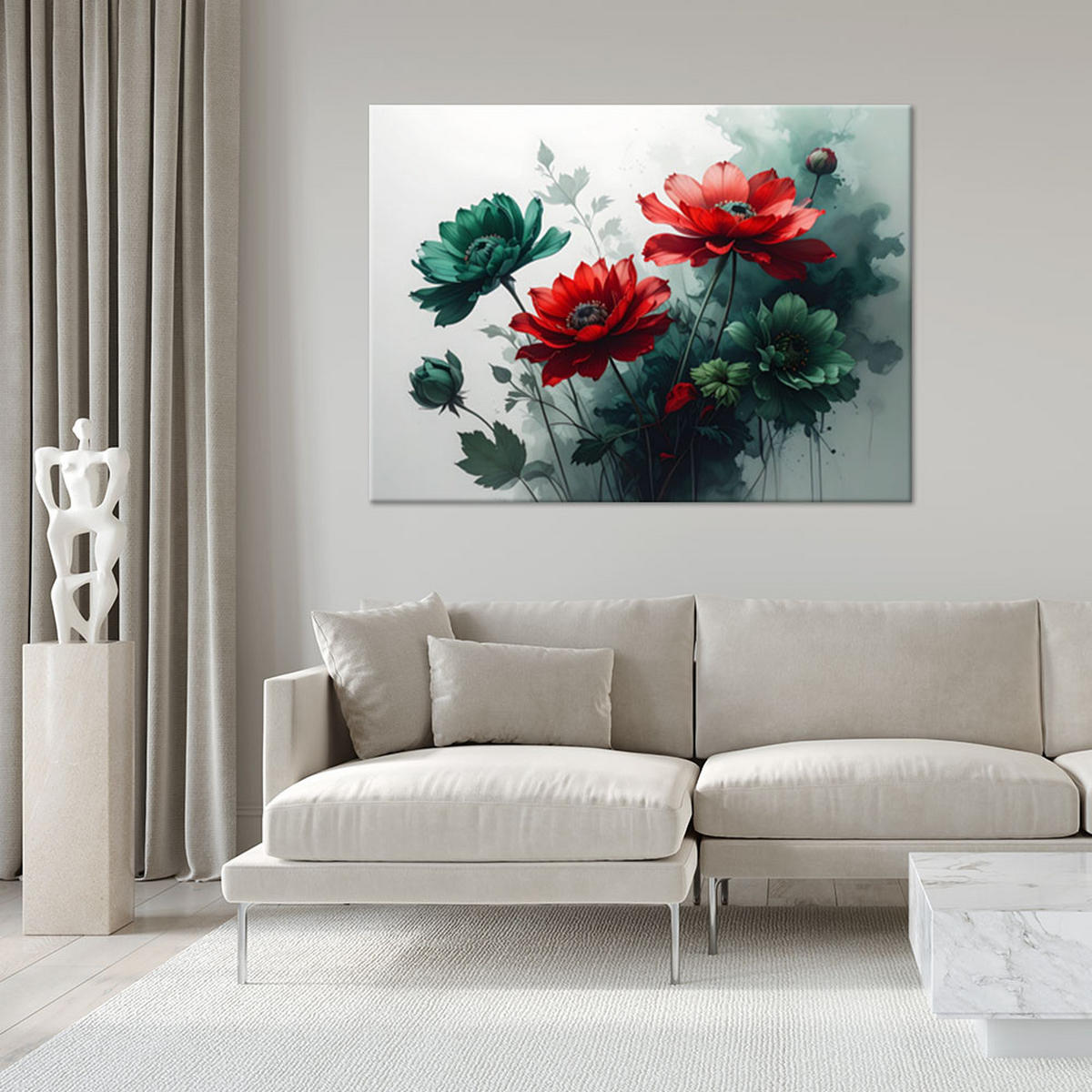 WANDBILD, Rote grüne Pflanze Blumen - Grün, Textil (60/40cm) - Feeby