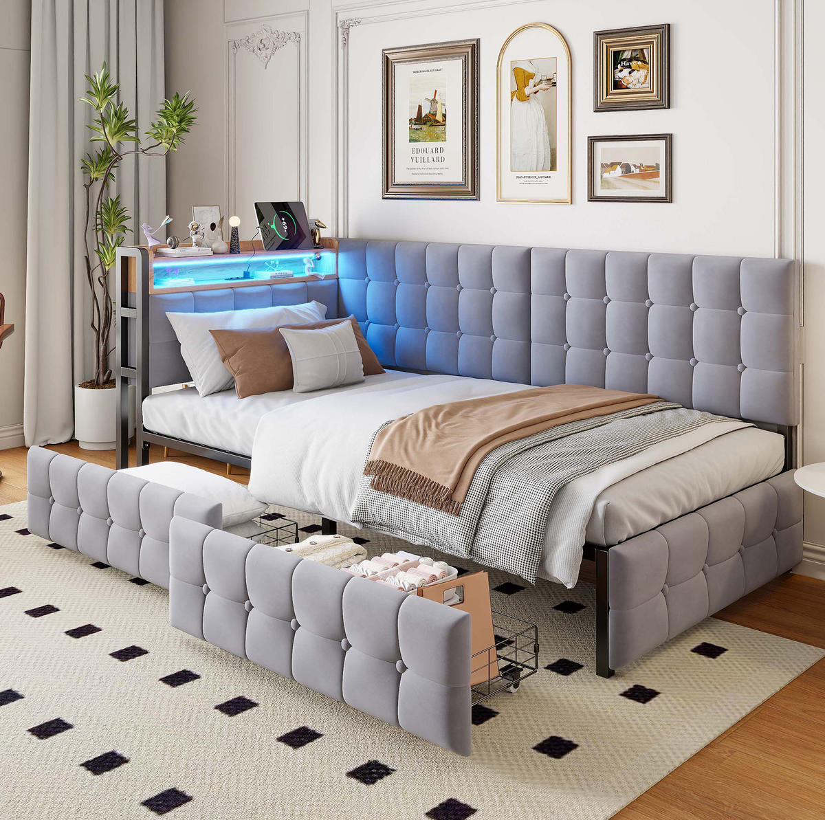 POLSTERBETT 90/200 cm Grau aus Samt mit 2 Schubladen - Grau, Textil (90/200cm) - OKMYHOME