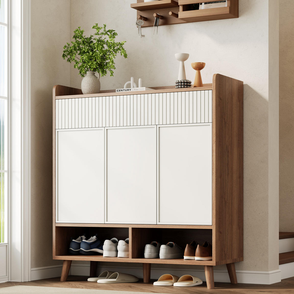 SCHUHSCHRANK aus MDF & Spanplatte 90x35x100cm in Weiß mit Kippsicherung - Weiß, Holzwerkstoff (90/100/35cm) - Modfu