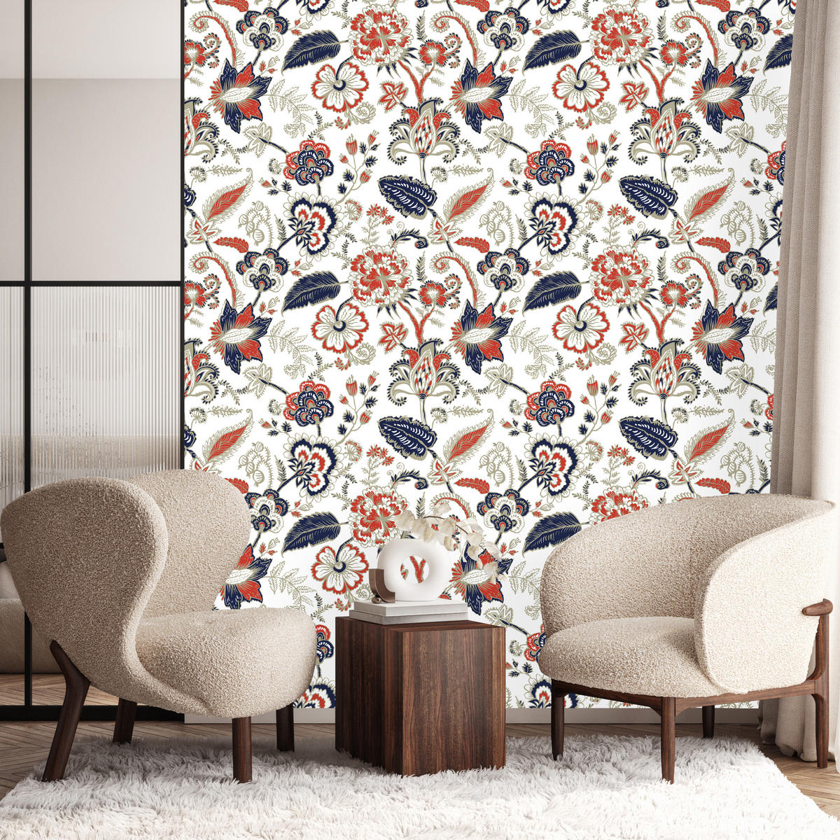VLIESTAPETE Florales Folkloremuster – Rot, Blau, Grün, Weiß – 50x1000 cm - Blau/Rot, Papier (50/1000cm) - Muralo