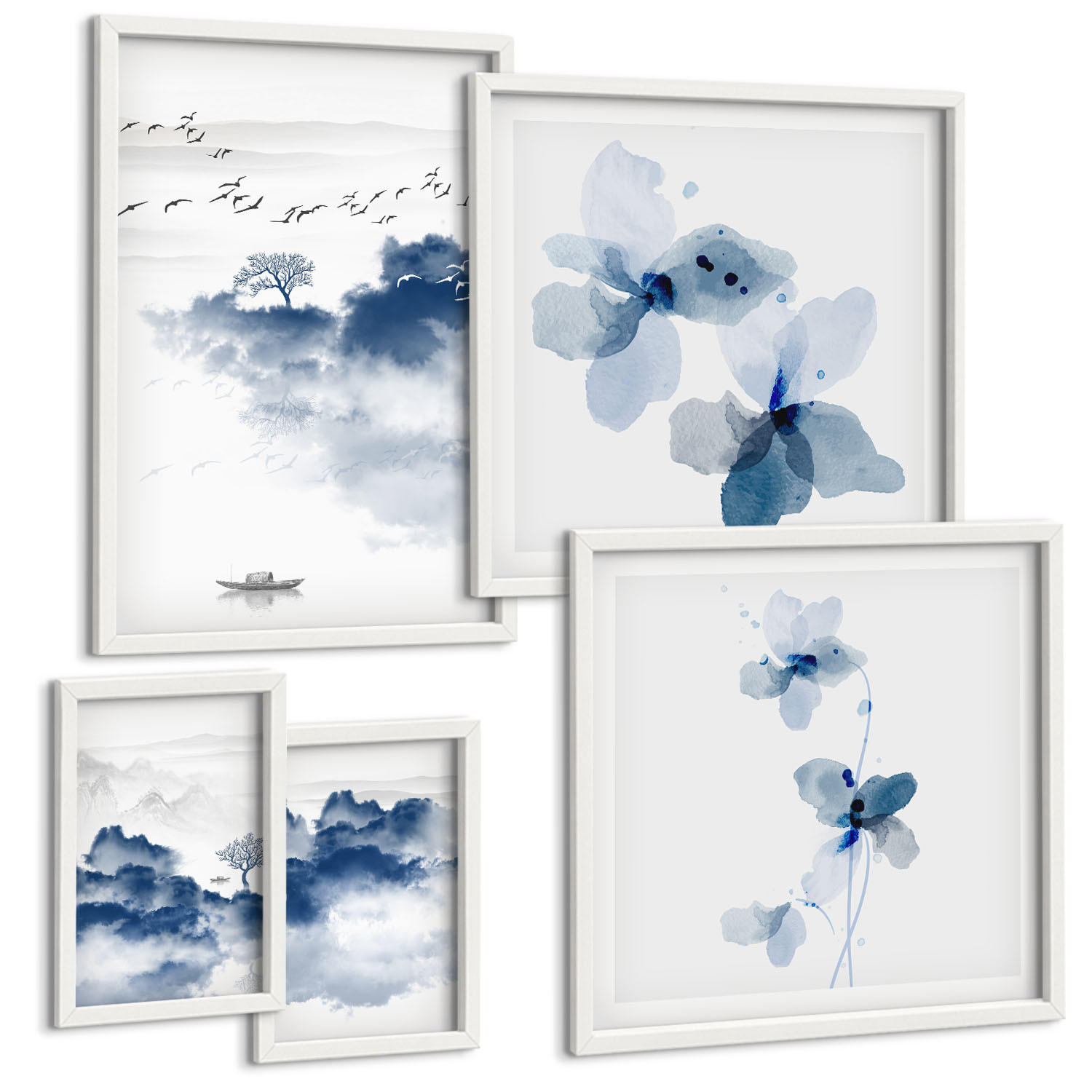 BILDER SET 5er Set - 50x50 cm & 20x30 cm & 40x60 cm Weißer Rahmen - Berge, Wolken, Bäume, Vögel im Hintergrund - Weiß, Kunststoff (40/60cm) - TULUP