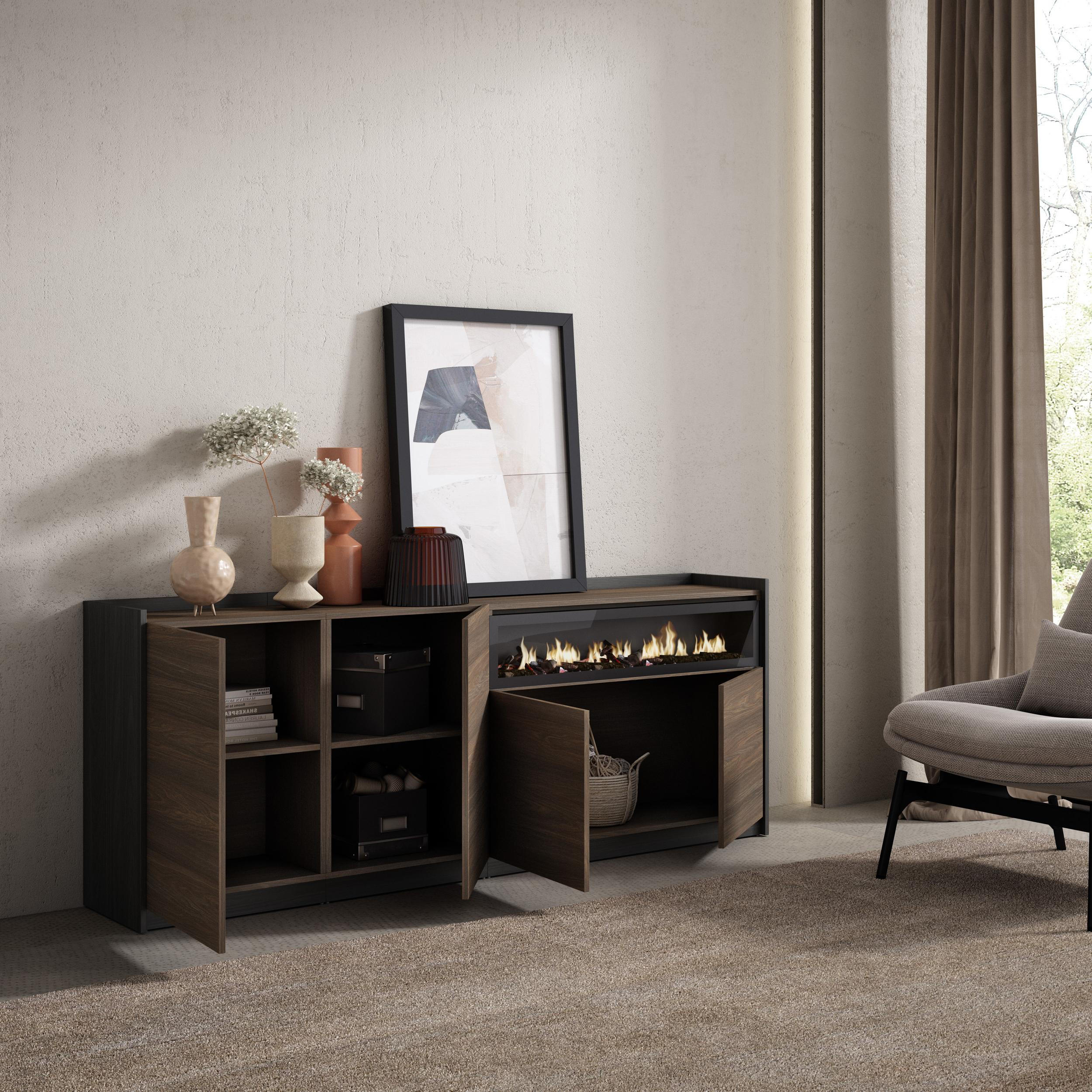 SIDEBOARD, Dunkler Eiche und Schwarz, Elektrokamin, 207/37/80cm - Dunkelbraun, Holzwerkstoff (207/80/37cm) - Skraut Home