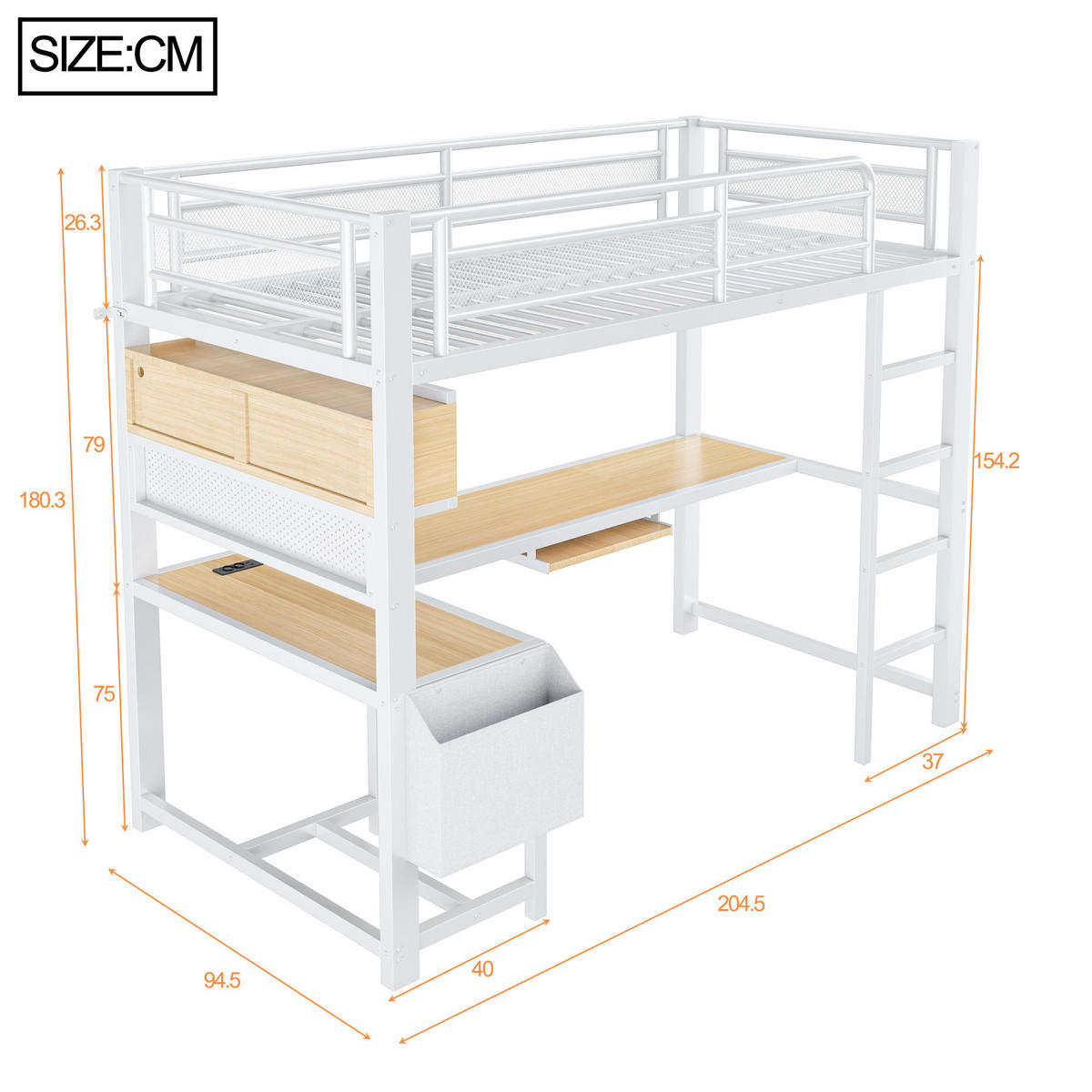 HOCHBETT 90/200 cm in Weiß mit Schreibtisch, LED und USB - Weiß, Holzwerkstoff/Metall (90/200cm) - WISHDOR