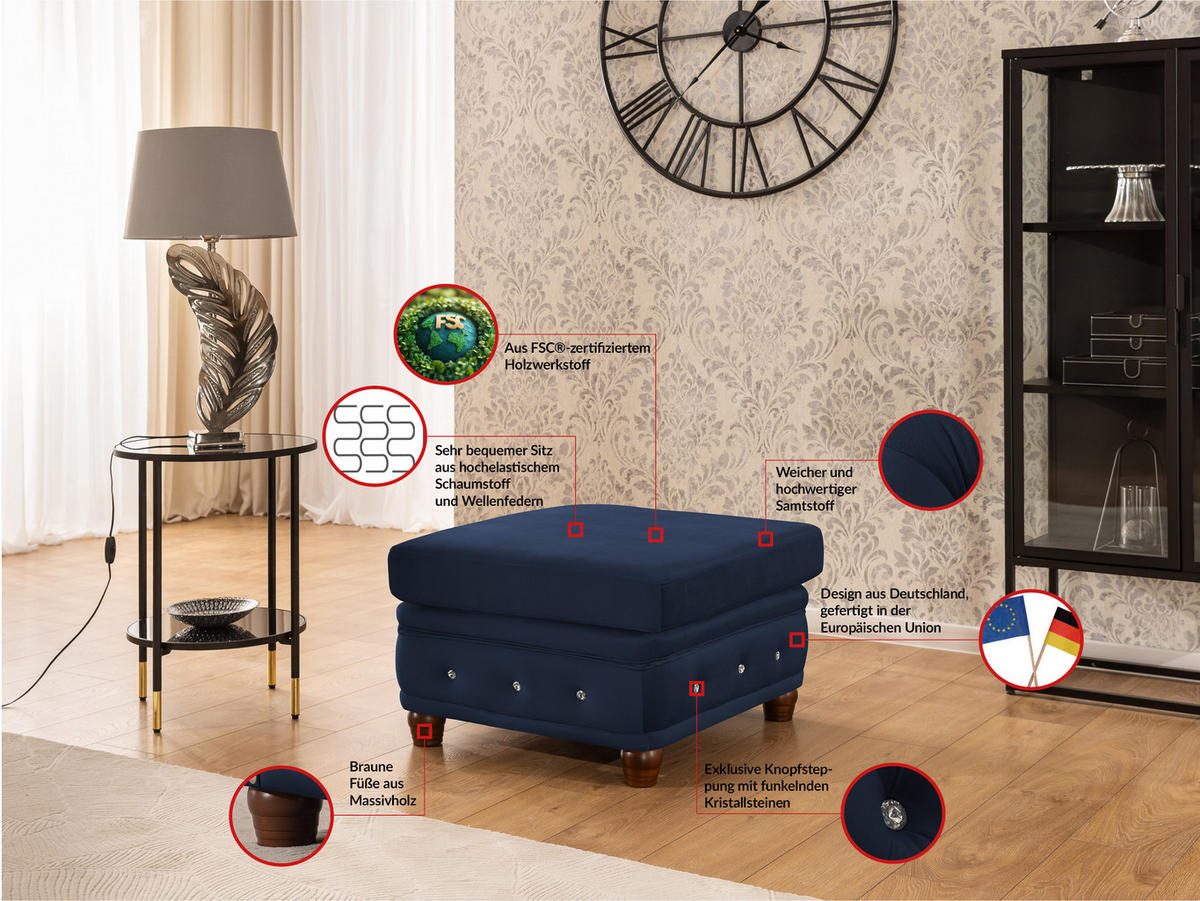 HOCKER Chesterfield Cleo Blink Marineblau Samt mit Kristallsteppung und braunen Massivholzfüßen - Blau/Braun, Holz/Textil (75/45/70cm) - S-Style Möbel