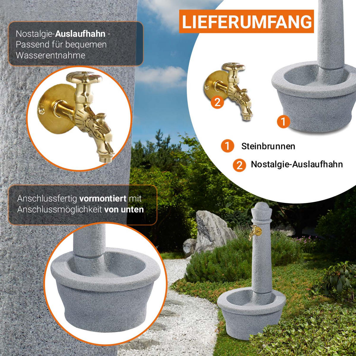 STEINBRUNNEN aus Kunststoff, lighte inkl. Nostalgie-Auslaufhahn - Hellgrau, Kunststoff (54/54/100cm) - GARANTIA