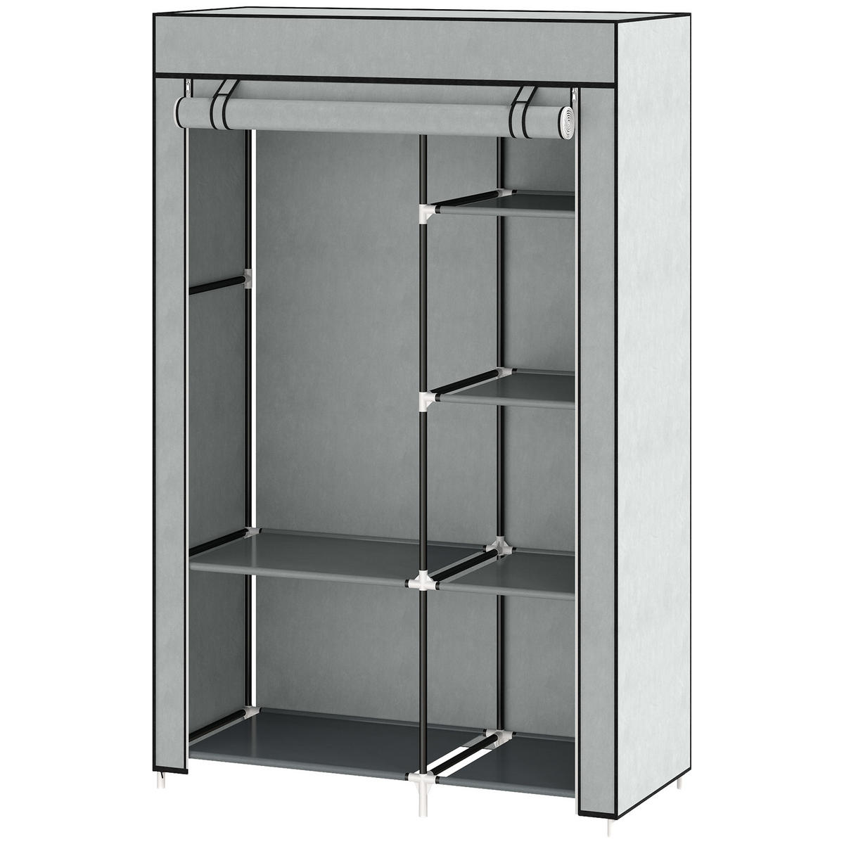 STOFFSCHRANK mit 6 Regalen und Kleiderstange, faltbare Aufbewahrungslösung für Schlafzimmer, Hellgrau - Hellgrau, Metall (103/162.5/43cm)