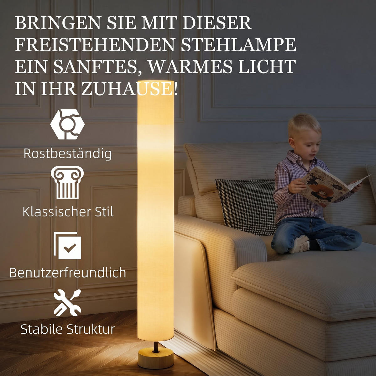 STÅENDE lampa i linne, beige - Beige, Textil (15/15/120cm) - HOMCOM