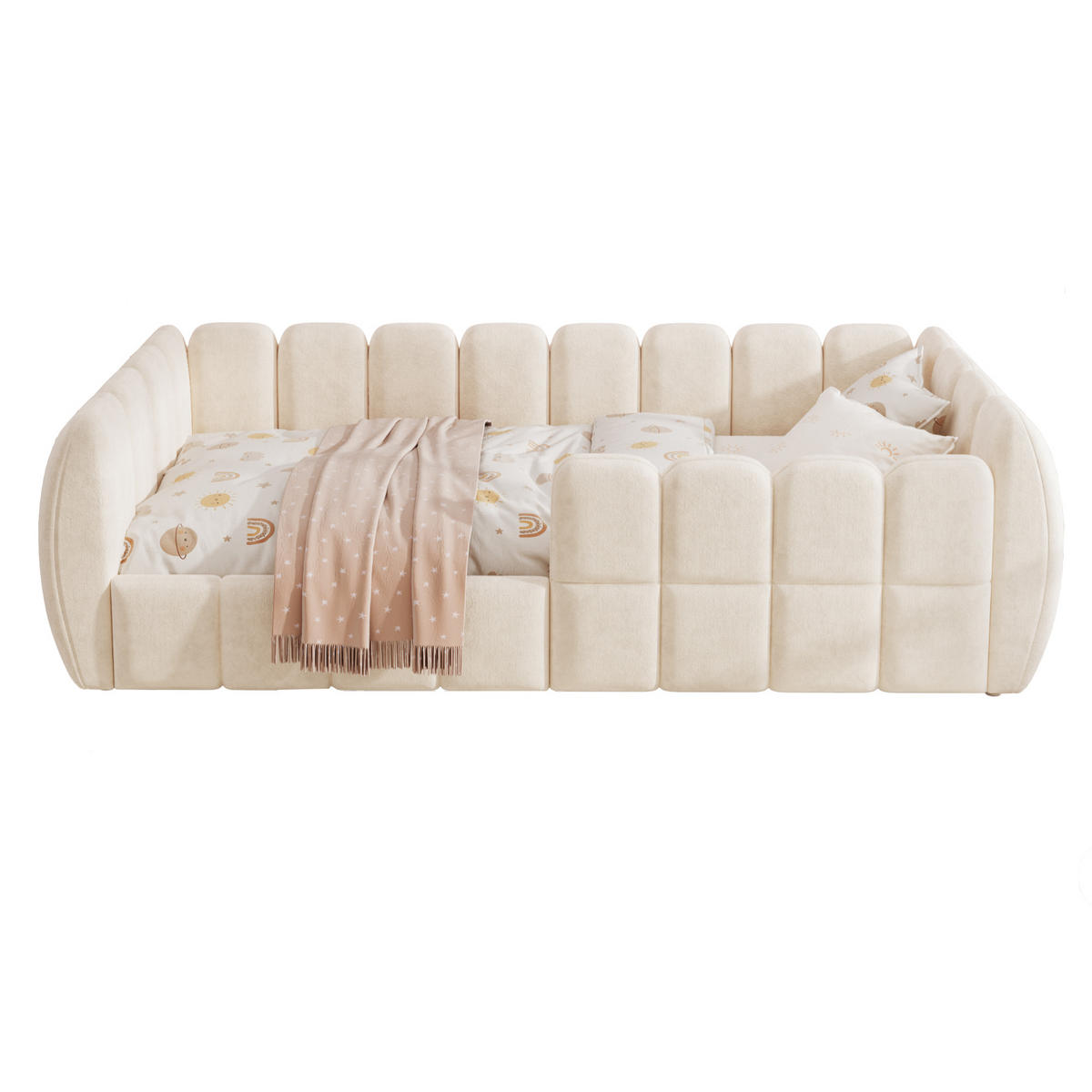 POLSTERBETT 90/200 cm in Beige Samt mit abgerundeten Ecken - Beige, Holzwerkstoff/Textil (90/200cm) - WISHDOR