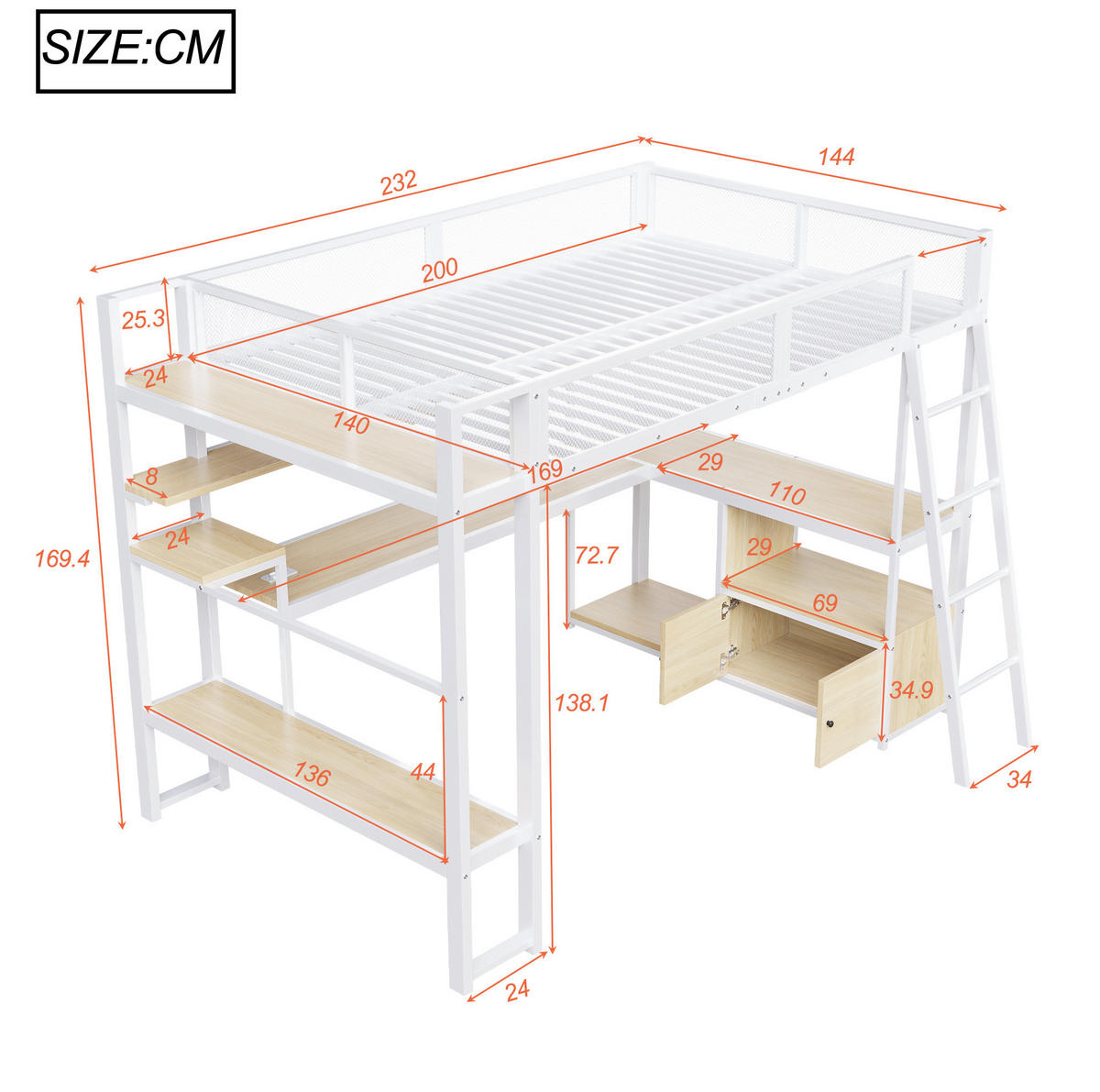 HOCHBETT 140/200 cm mit Schreibtisch, LED-Beleuchtung, Ladestation und Stauraum, Metall/MDF, Weiß - Weiß, Holzwerkstoff (140/200cm) - Redom