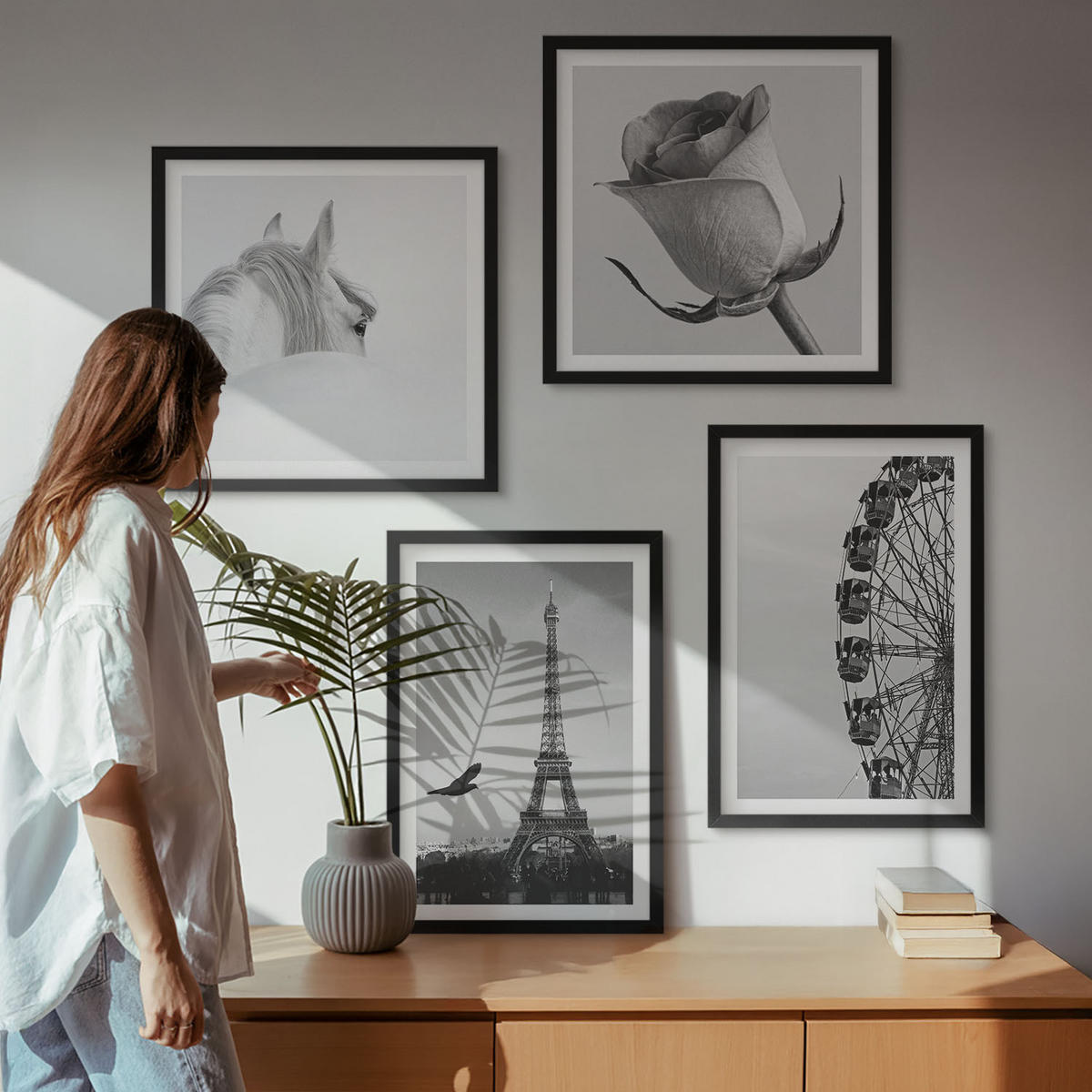WANDBILDER 4er-Set - 50x50 cm & 40x60 cm Schwarzer Rahmen - Rose Eiffelturm Pferd Riesenrad S/W - Schwarz, Kunststoff (50/50cm) - ArtPrintCave