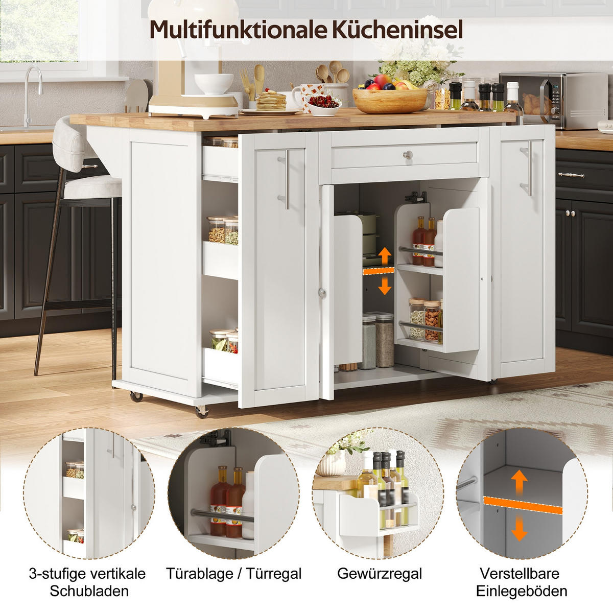 KÜCHENINSEL, Küchenwagen Mit Rollen, KLAPPBARE ARBEITSPLATTE, MDF, Für Küche, 120/70/87 cm - Weiß, Holzwerkstoff (70/87/120cm) - Rolipo