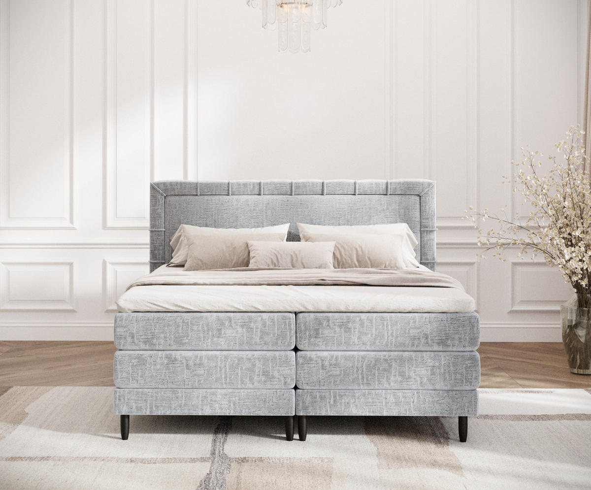 BOXSPRINGBETT Rimini Hellgrau 180/200 cm mit Matratze und Topper - Hellgrau/Schwarz, Holz/Holzwerkstoff (180/200cm) - Maison de Reve