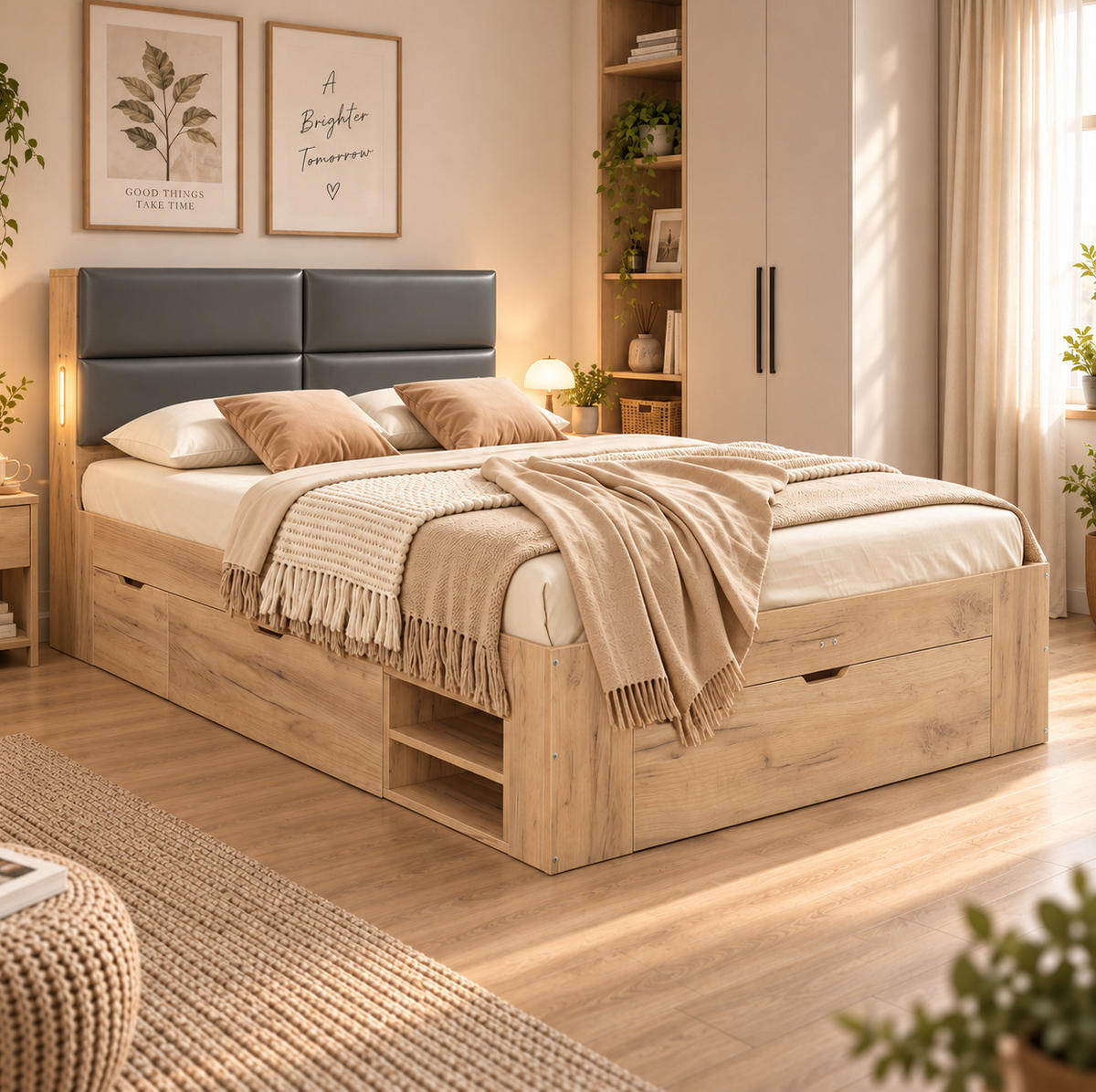 STAURAUMBETT aus MDF 140x200 cm Natur mit Schubladen, Nachtlicht, USB- und USB-C-Anschlüssen - Eichefarben, Holzwerkstoff (140/200cm) - Modfu