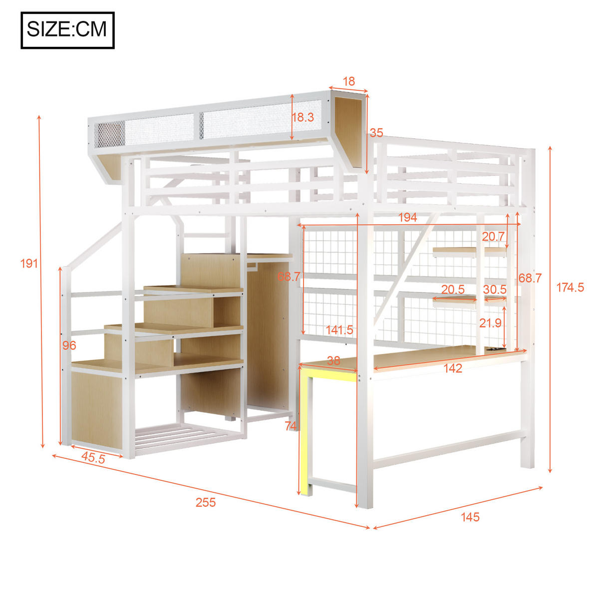 HOCHBETT 140/200 cm DE-01535, in Weiß, mit Schreibtisch, LED-Beleuchtung und Steckdose - Weiß, Metall (140/200cm) - ComfortXL
