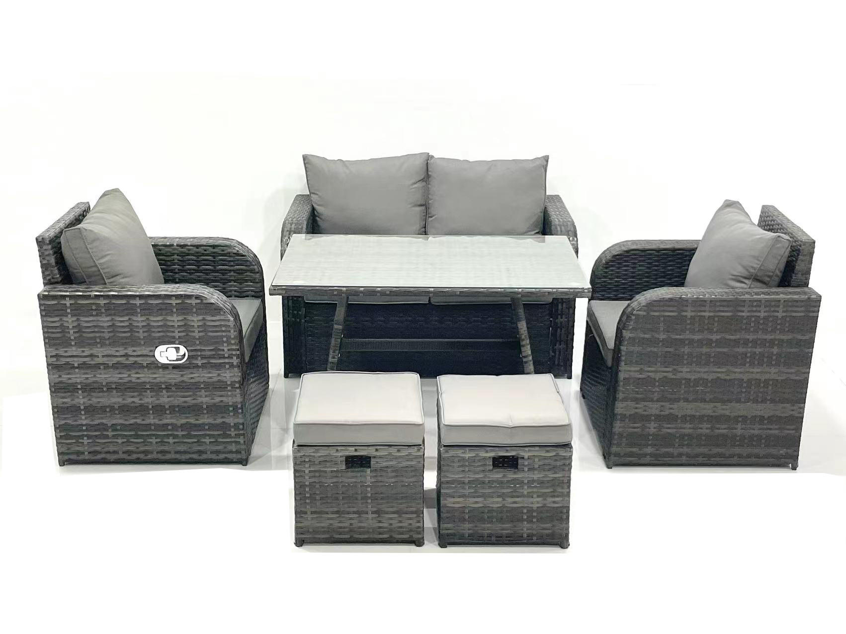 GARTENMÖBEL SET mit COUCHTISCH Polyrattan Dunkelgrau 6-Sitzer - Dunkelgrau/Grau, Glas/Kunststoff - Fimous