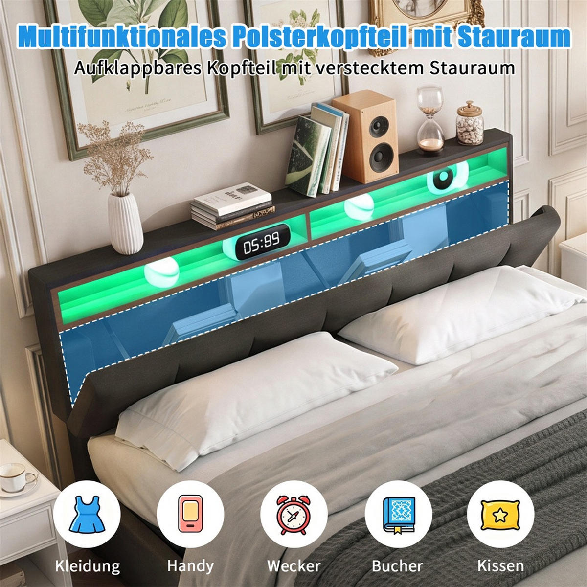 POLSTERBETT 180x200 cm - mit LED-Beleuchtung - aufklappbarem Kopfteil&hydraulischem Bettkasten und 2 Schubladen - Grau, Textil (180/200cm) - DELFA