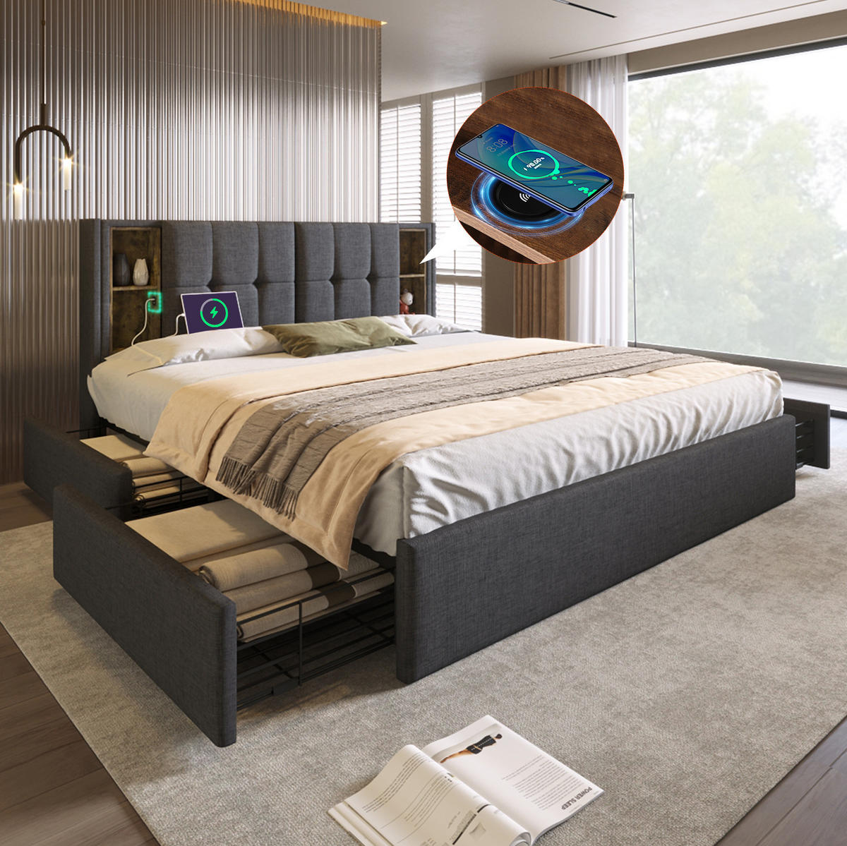 BETT mit 4 Schubladen und Ladestation 160x200 cm Leinen Grau - Grau, Metall (160/200cm) - Meubliv