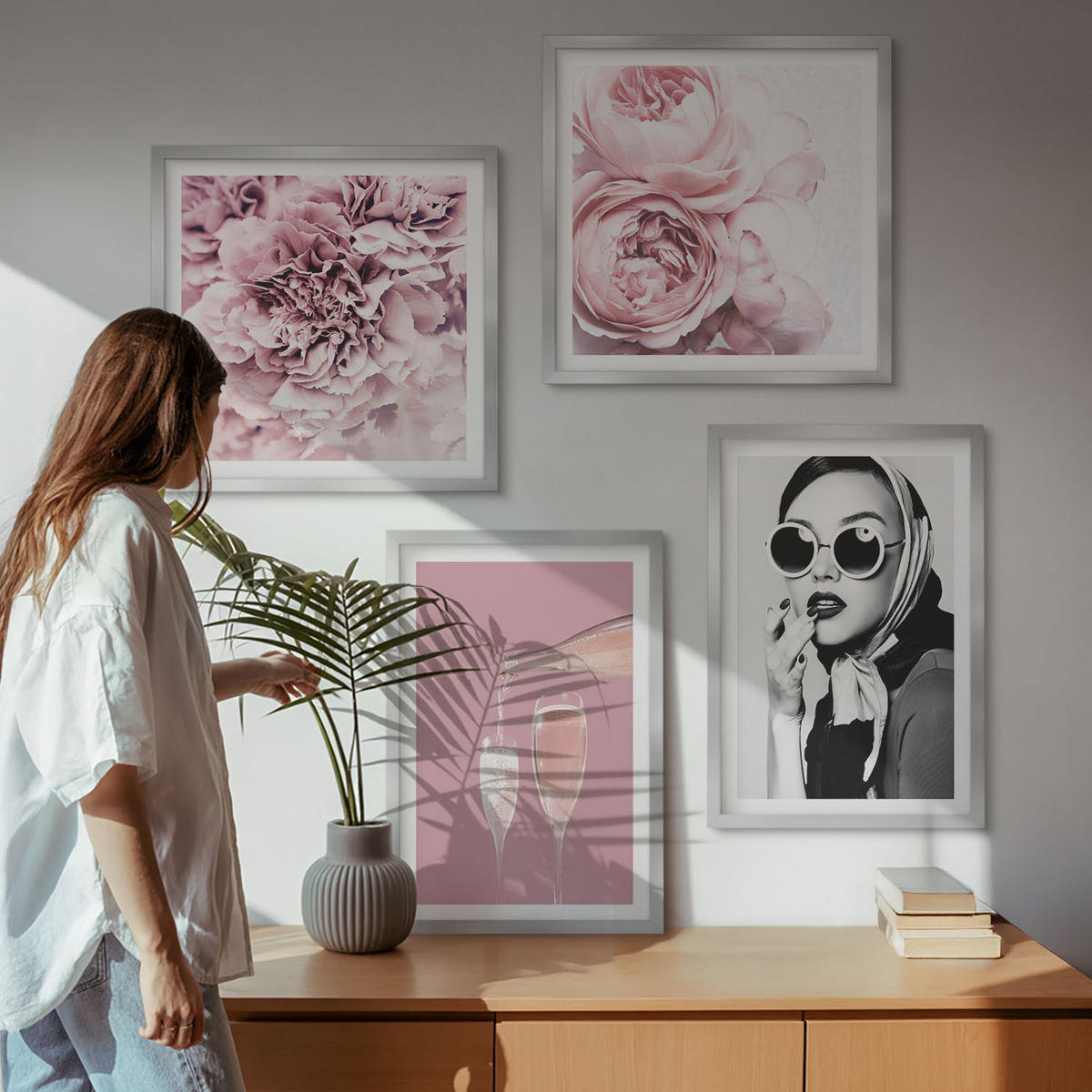 BILDER SET 4er Set - 50x50 cm & 40x60 cm Silberner Rahmen - Blumen, Pfingstrosen, Rosen, Eleganz - Silberfarben, Kunststoff (50/50cm) - TULUP